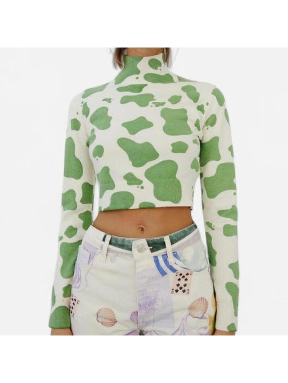Zara Cow Print Cropped Turtleneck Sweater Women’s Small